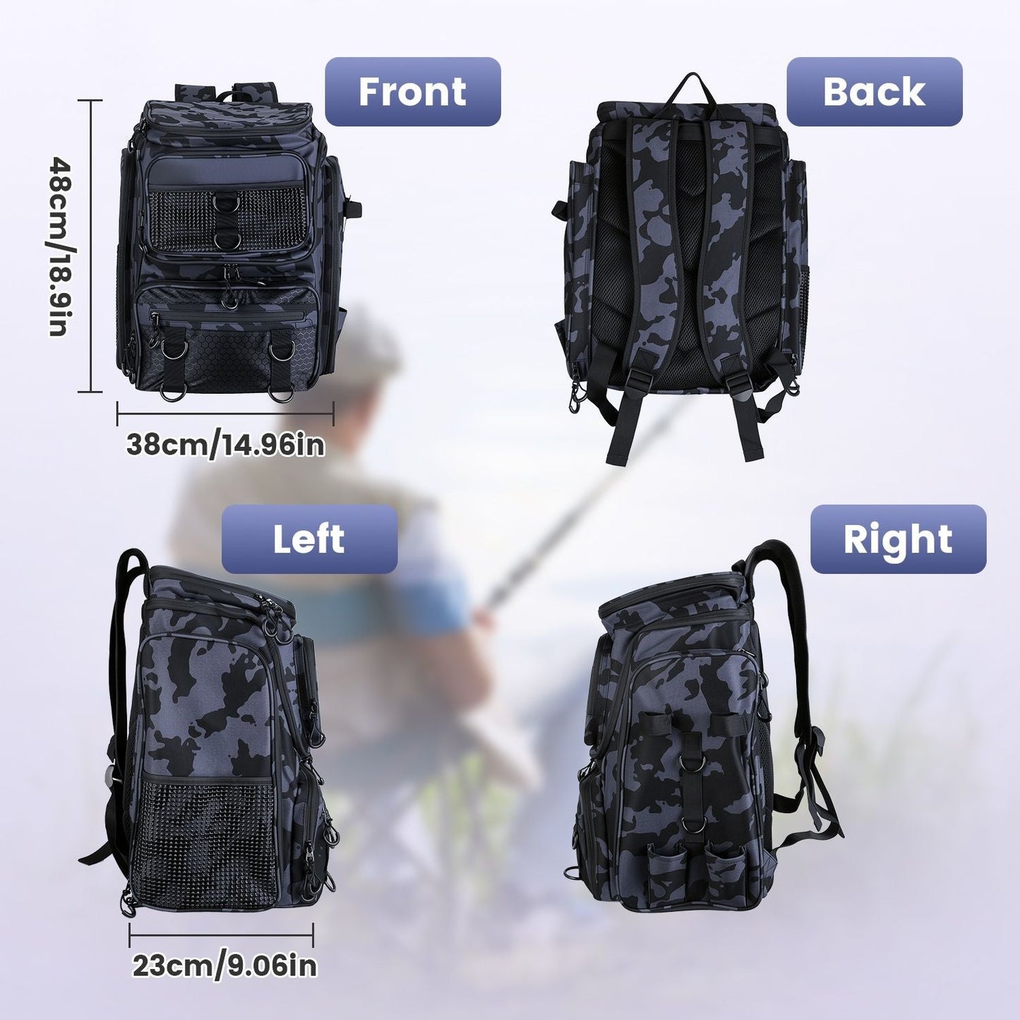 42L/11Gal Fishing Backpack Large Capacity Fishing Tackle Storage Bag with Rod Holders 16-Pocket Water-Resistant with Divider Adjustable Padded Straps for Fishing Gear Outdoor Camping Hiking