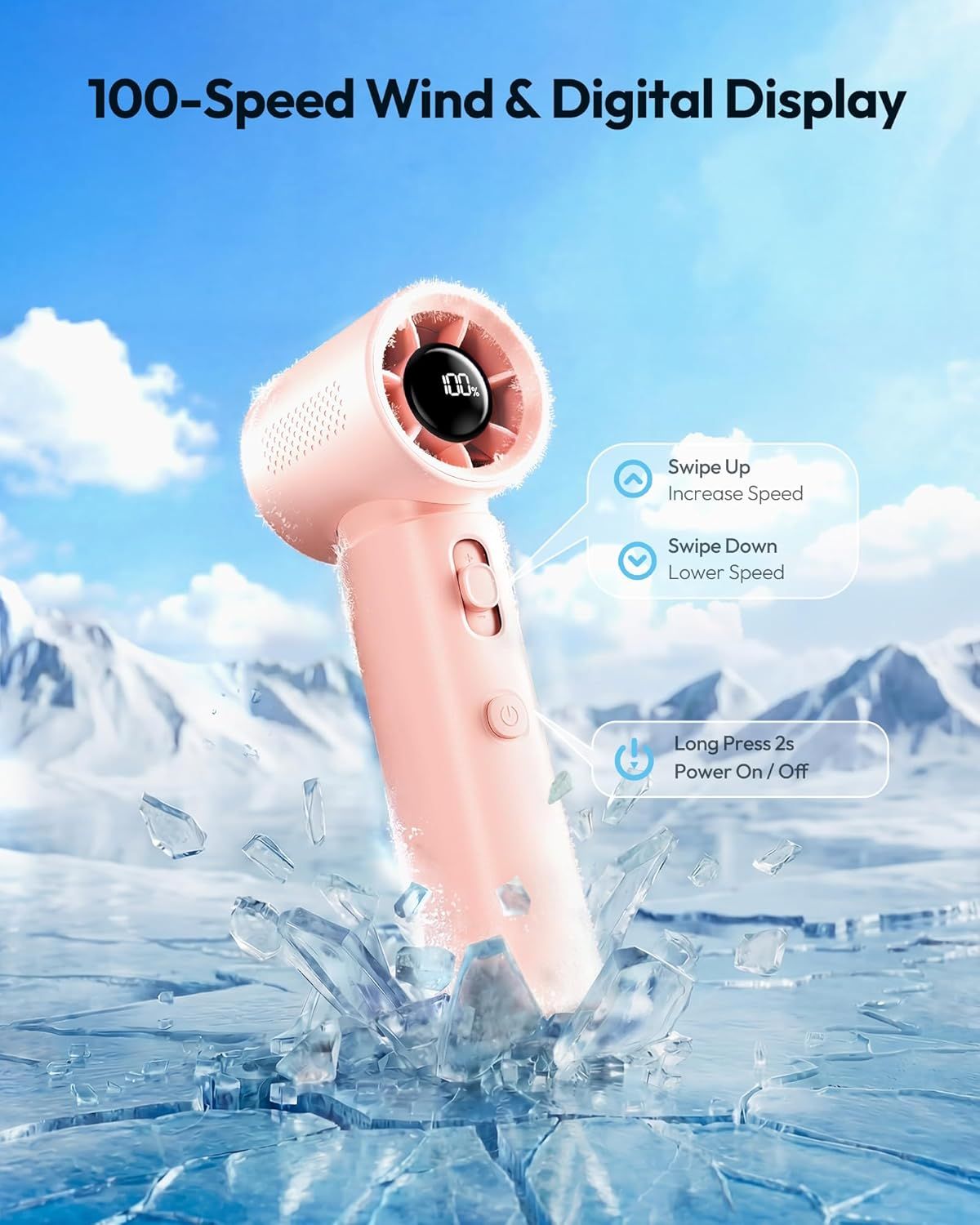 Portable Handheld Turbo Fan, 100 Gear High Speed, Up to 12H Rechargeable Personal Fan with Digital Display, Detachable Base & Lanyard, Small Travel Essentials Cooling Gifts for Women Men