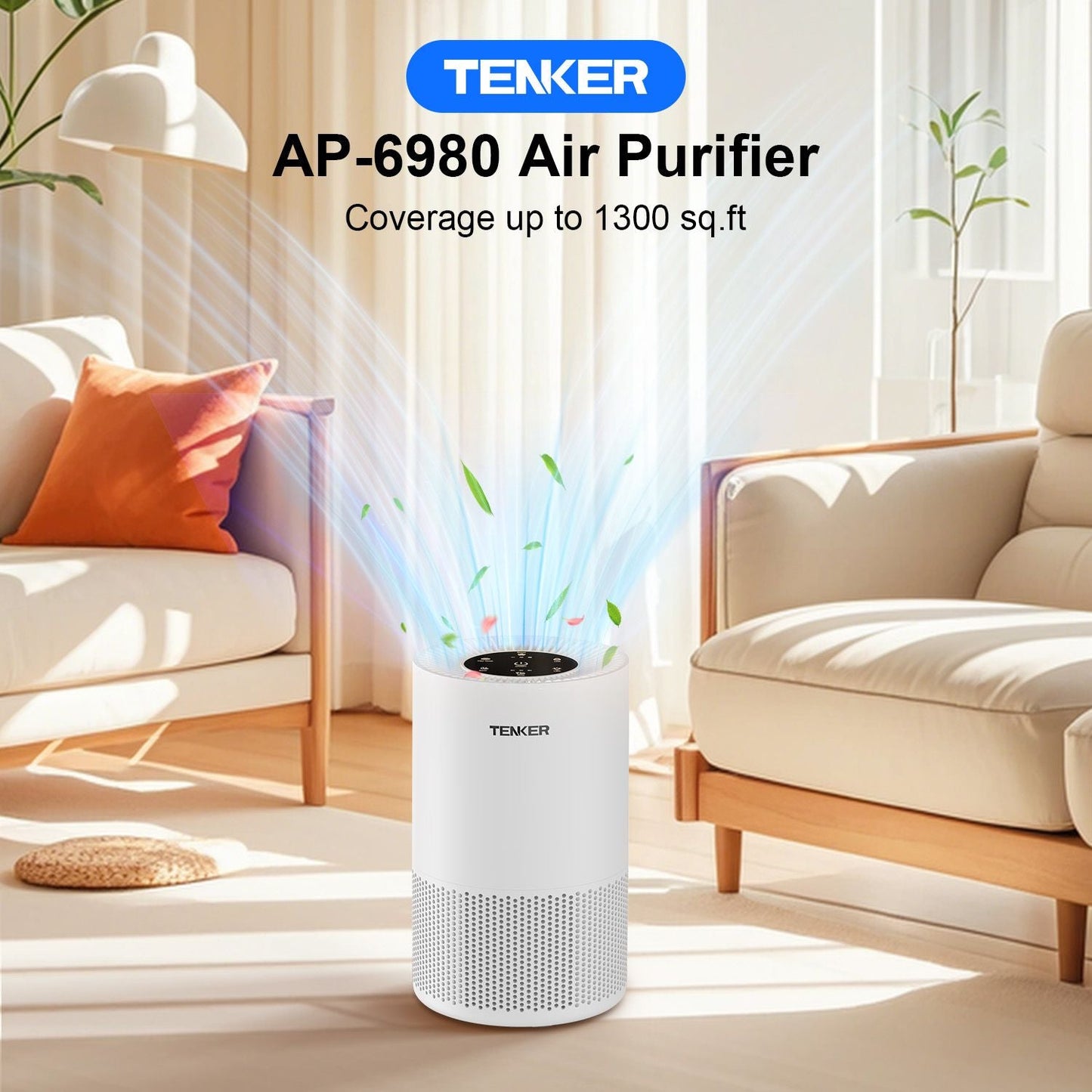 TENKER AP-6980 Air Purifier White US 1300ft² Large Rooms H13 Heap 3-Stage Filtration 3 Speeds 3 Timer w/Light Air Cleaner Machine