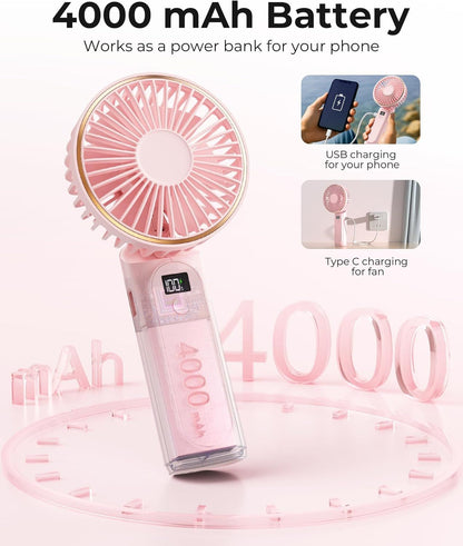 Portable Handheld Fan, Portable Fan Rechargeable, 4000mAh, 180° Adjustable, 6 Speed Wind, Display Electricity in Real Time, USB Rechargeable Foldable F an, Quiet Personal Fan as Power Bank