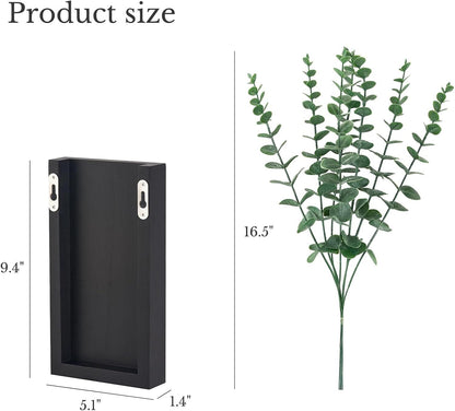 2 Pack Wood Wall Planter Vase with Artificial Eucalyptus Farmhouse Wall Hanging Decor Pocket Planter for Indoor Fake Plants Greenery, Living Room Bedroom Kitchen Home Office Decoration, Black