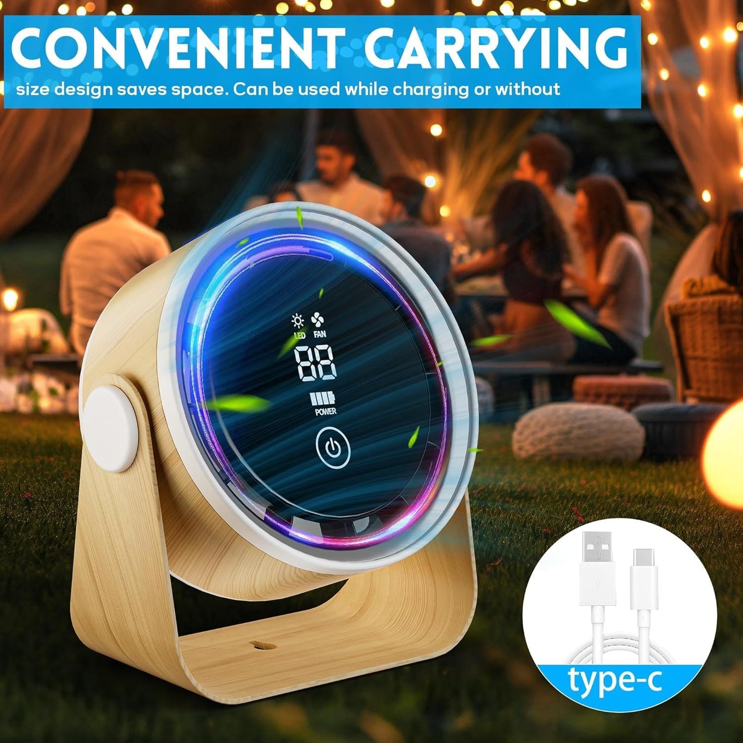 Small Desk Fan 5000mAh Rechargeable Battery Powered -Retro Low Noise Quiet Portable Gentle Blowing with LED Night Light Office Bedroom Table Top Wall Hanging Kitchen Camping Dorm 5-Speed 360° Rotation