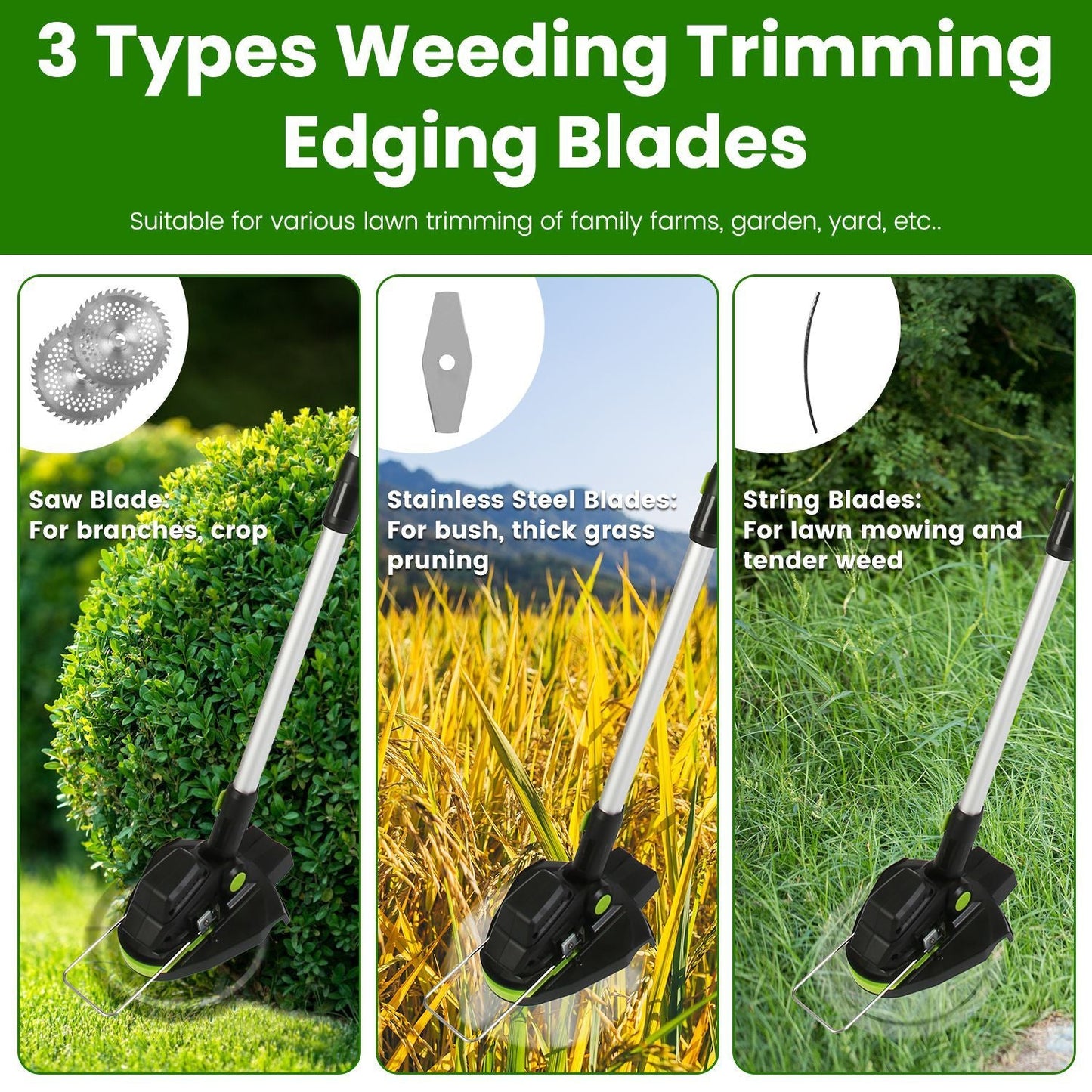 21V Electric Weed Edger Cordless String Trimmer Grass Mower Eater Bush Cutter with 16800RPM 2x 3000mAh Batteries 3.6-4.6FT Length 90° Rotatable Angle Saw Blade Steel Blade String Blade