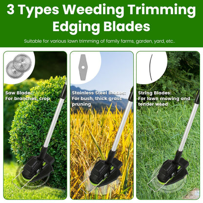 21V Electric Weed Edger Cordless String Trimmer Grass Mower Eater Bush Cutter with 16800RPM 2x 3000mAh Batteries 3.6-4.6FT Length 90° Rotatable Angle Saw Blade Steel Blade String Blade