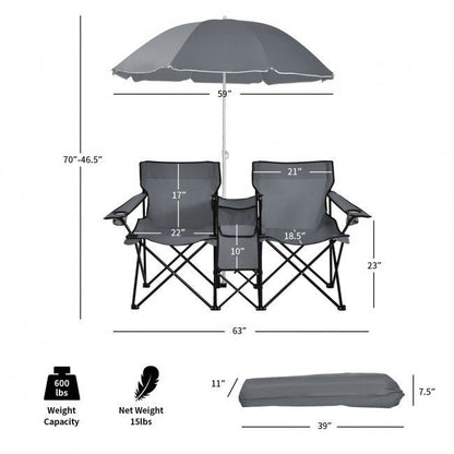 Portable Folding Picnic Double Chair With Umbrella