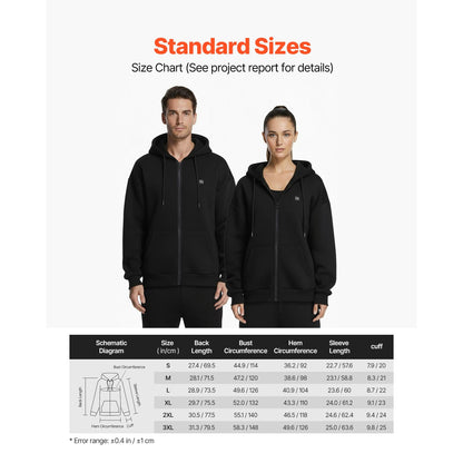 Heated Jacket Hoodie for Men Women, Heated Sweatshirt Unisex Full-Zip with 7.4V 16000mAh Power Bank Pack, 5 Heating Zones, 3 Temp Levels, 4-8H Warmth, for Winter Outdoor Camping, Black, XL Size