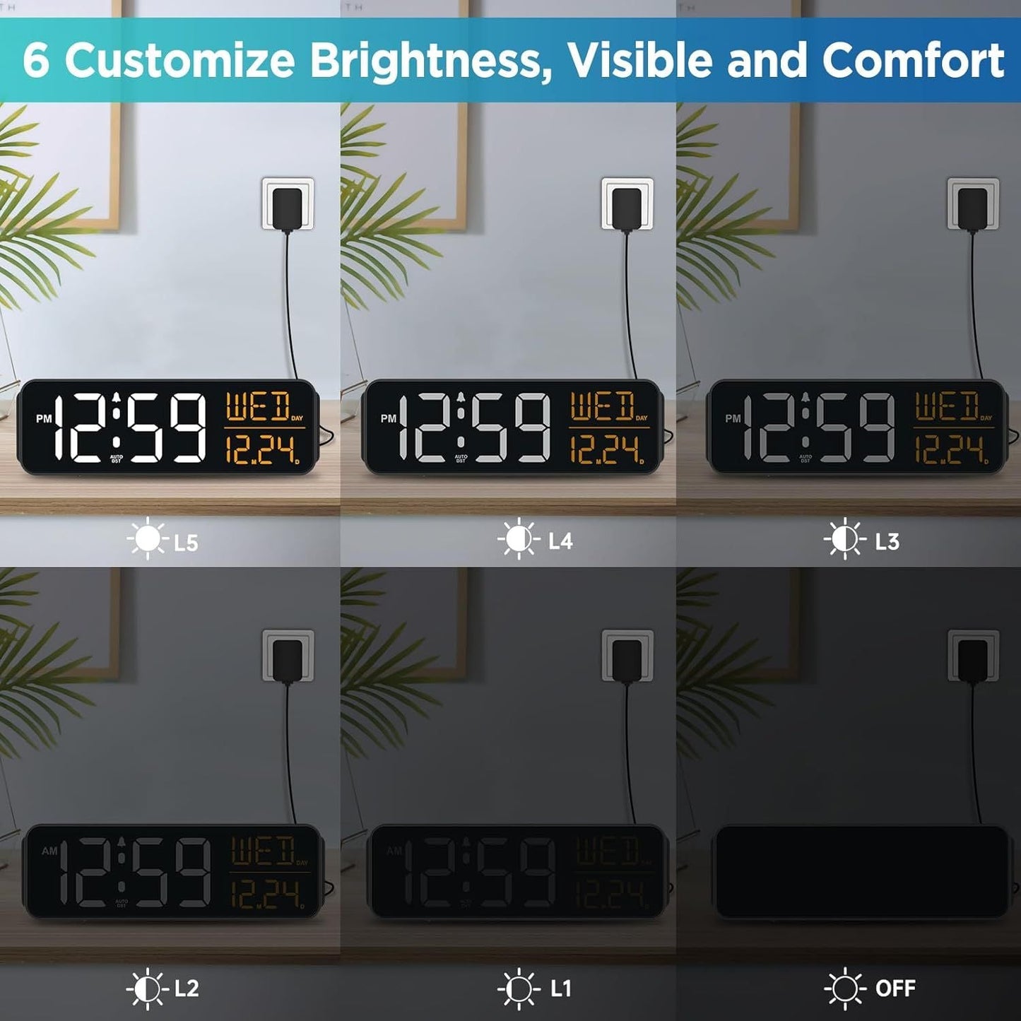 Large Display Digital Alarm Clock for Bedrooms, Date Day of Week Desk Table Clocks for Living Room Office, Dimmable 5 Dimmers Plug in Electric Clock, Auto DST