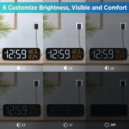Large Display Digital Alarm Clock for Bedrooms, Date Day of Week Desk Table Clocks for Living Room Office, Dimmable 5 Dimmers Plug in Electric Clock, Auto DST