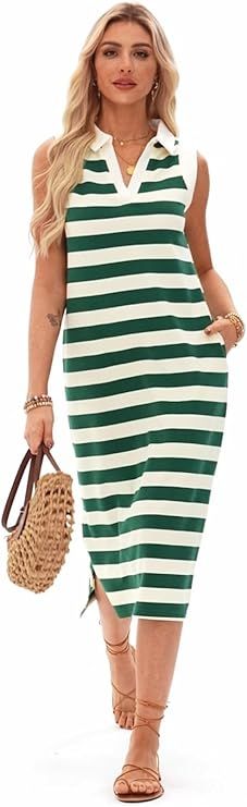 Green Summer Dress for Women V Neck Sleeveless Midi Striped Sundress with Pockets Casual Beach Large