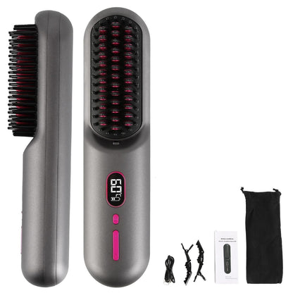 Cordless Negative Ion Hair Straightener Brush Rechargeable Mini Styling Comb with 12 Heating Levels Anti-scald 30S Preheating 30Mins Auto Sleep LCD Display