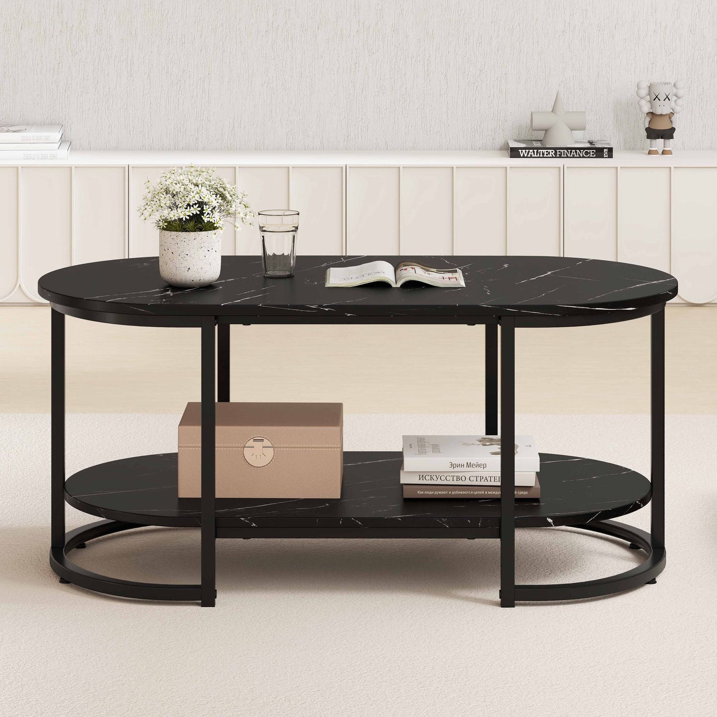 Marble Coffee Table with Open Storage Shelf