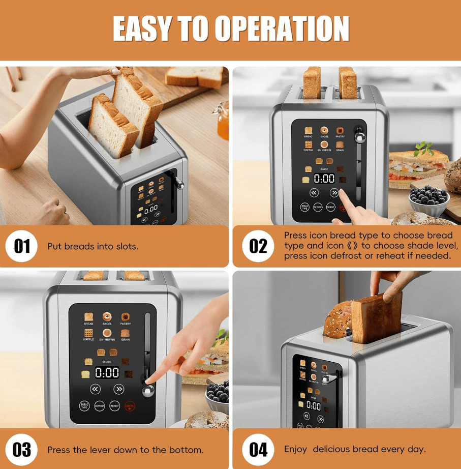 Retro Stainless Steel Toaster with 6 Browning Levels & 3 Functions - Perfect for Defrosting, Reheating, & Cancelling