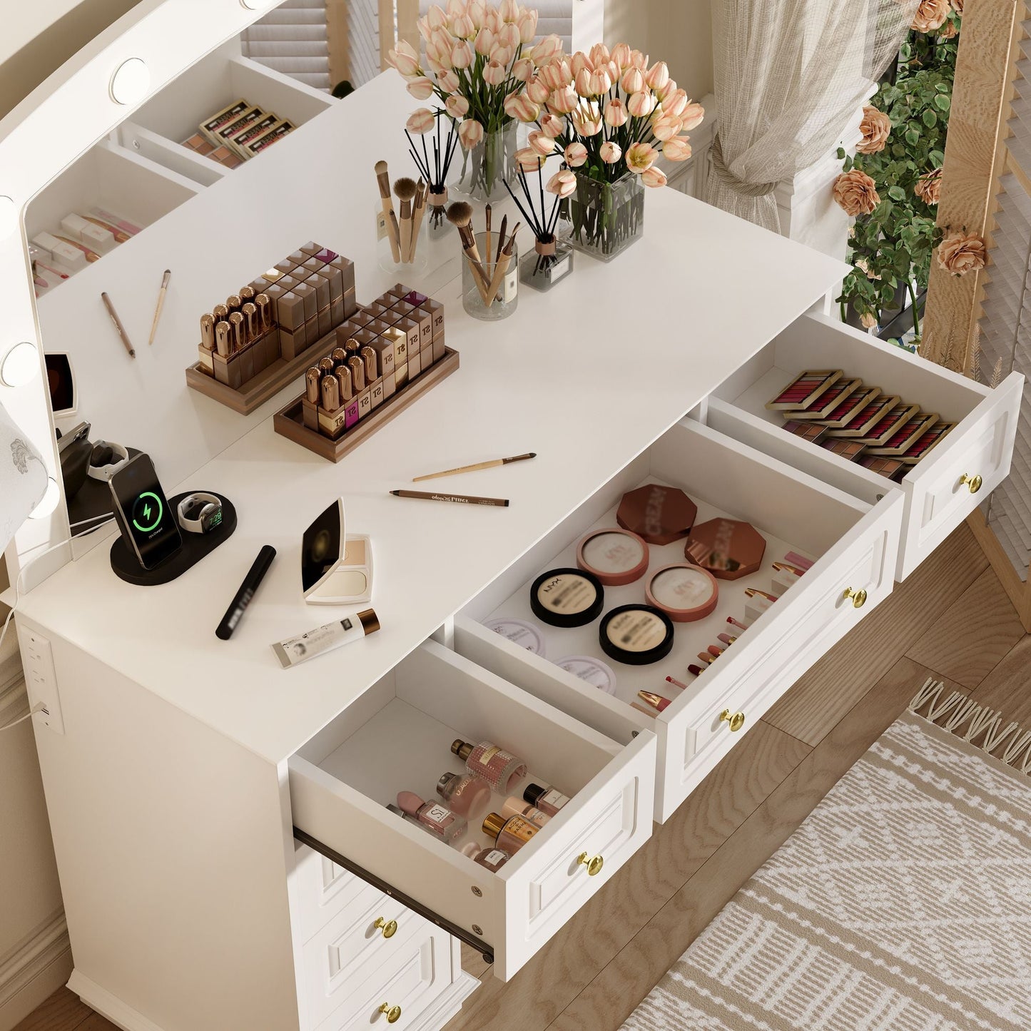 Luxurious Makeup Vanity with 10 Hollywood Bulbs, 3 Color Lighting Modes, Classic Dressing Table with Cushioned Stool and 9 Storage Drawers for Bedroom