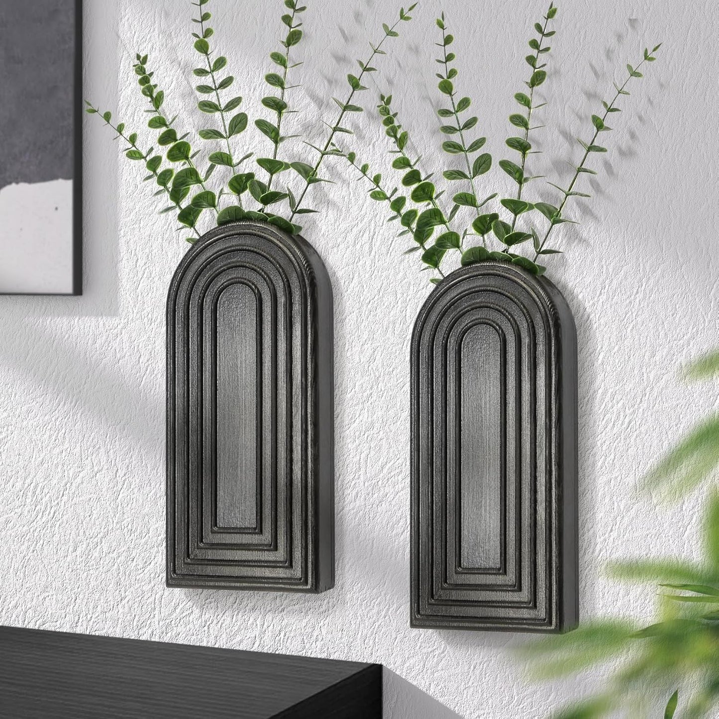 Pine Wood Wall Vases Set of 2 – Modern Wall Decor & Hanging Planters for Indoor Plants – Boho Home Decor Accent with Rustic Charm for Living Room, Kitchen & Bedroom (Black)