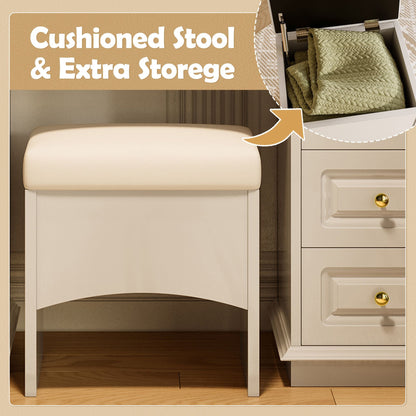 Luxurious Makeup Vanity with 10 Hollywood Bulbs, 3 Color Lighting Modes, Classic Dressing Table with Cushioned Stool and 9 Storage Drawers for Bedroom