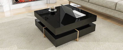 Sleek Black High Gloss Modern Coffee Table with 4 Drawers for Organized Living Rooms, Square Design with Wood Grain Legs, Ideal Cocktail Table 31.5''x31.5''