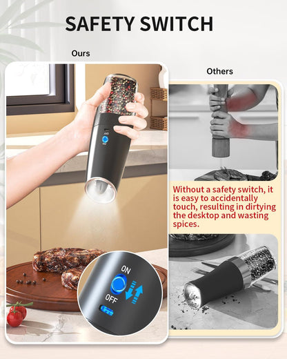 Rechargeable Electric Salt and Pepper Grinder Set Gravity Salt and Pepper Mills Set with LED Light, No Battery Needed, Adjustable Coarseness, Washable 135ml Container, Black