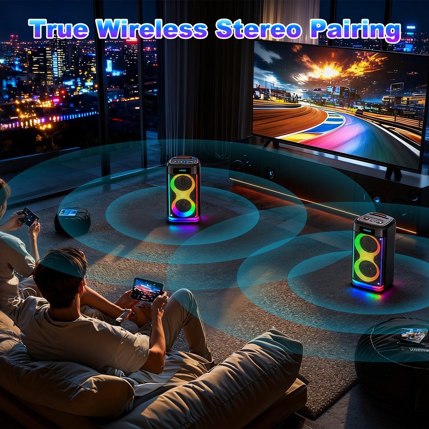 Portable Wireless Party Speaker with LED Light Wireless Mic Remote Control TWS Treble Bass Mic. Echo Music Accompany Mic. Priority Guitar In