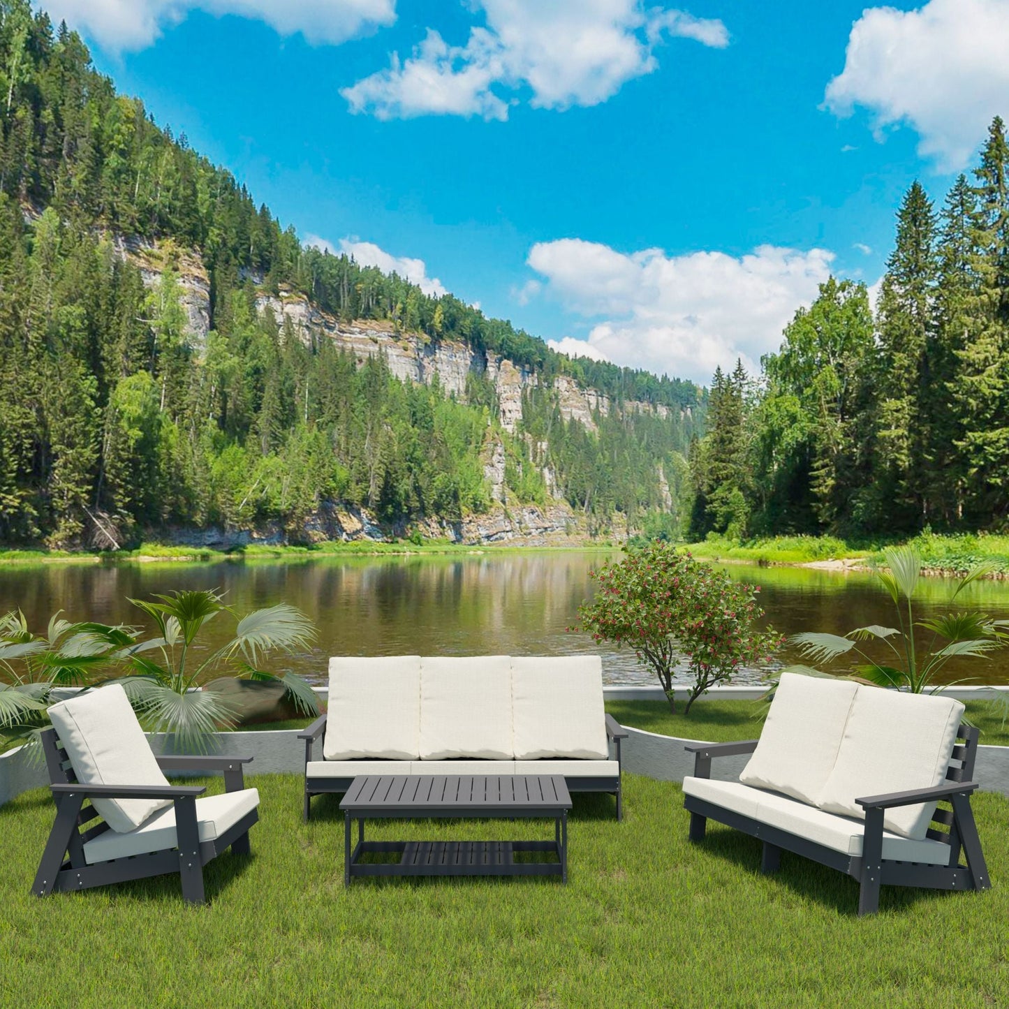 HIPS Loveseat with Cushion, Wood Grain Outdoor Garden Sofa, Sofa Set for Porch, Poolside, Terrace, and Yard Grey/Beige