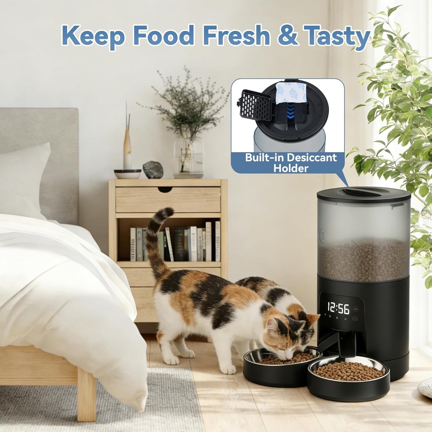 6L Automatic Cat Feeder for 2 Cats, Timed Cat Food Dispenser with 2 Stainless Bowls, 10s Voice Recorder, Dual Power Supply, 6 Meals 50 Portions Per Day, Dual Pet Feeder for Cat and Dog