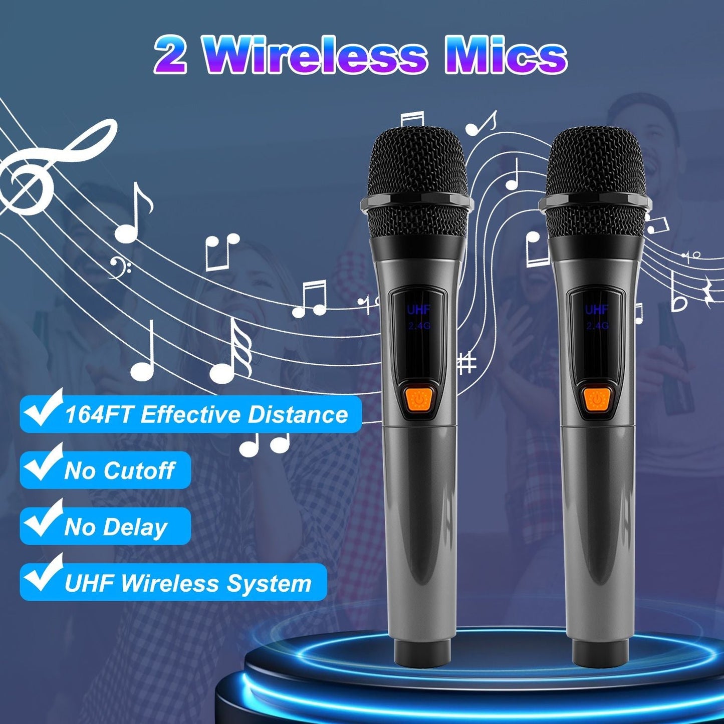 Portable Wireless Party Speaker with LED Light Wireless Mic Remote Control TWS Treble Bass Mic. Echo Music Accompany Mic. Priority Guitar In