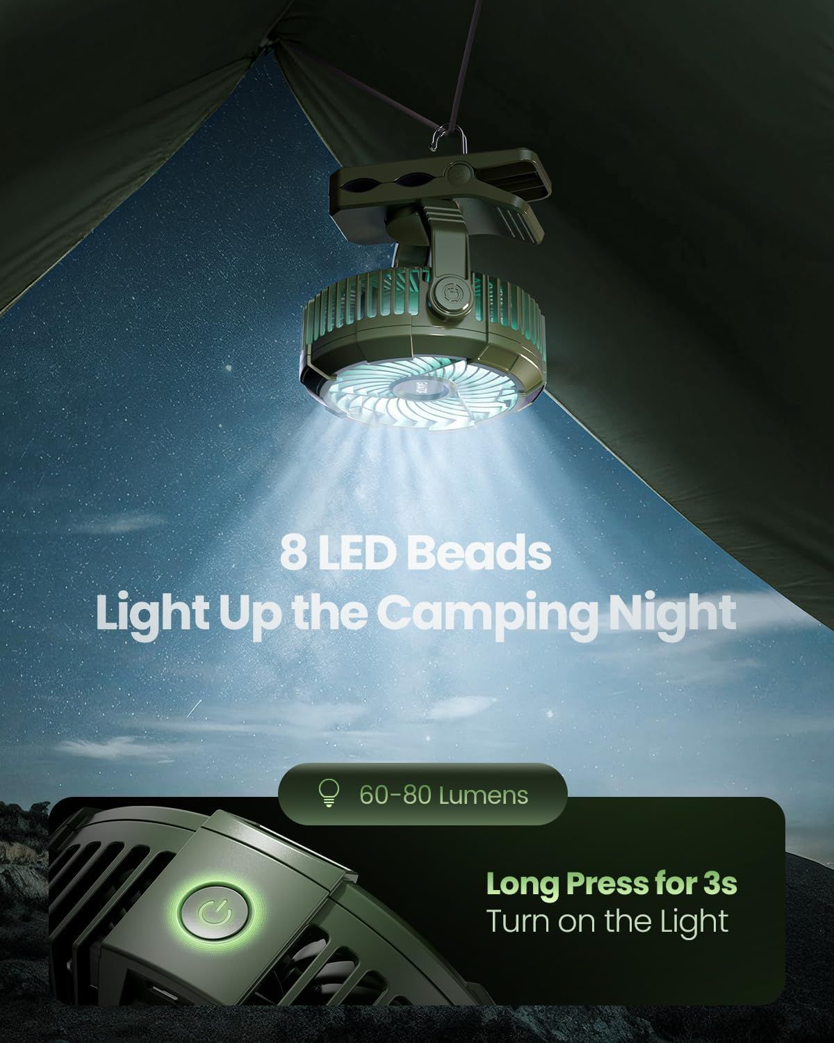 Portable Camping Fan with LED Lantern, 360°Rotation and Clip on for Desk, 4000mAh USB Rechargeable Battery Powered, Digital Display and Hanging Hook for Tent Outdoor Travel Bedroom Black