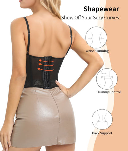 Lace Bustier Corset Tops for Women Going Out Mesh Overbust Adjustable Strap Waist Cincher Crop Bustier Party Rave Date Night Outfit Tank Top