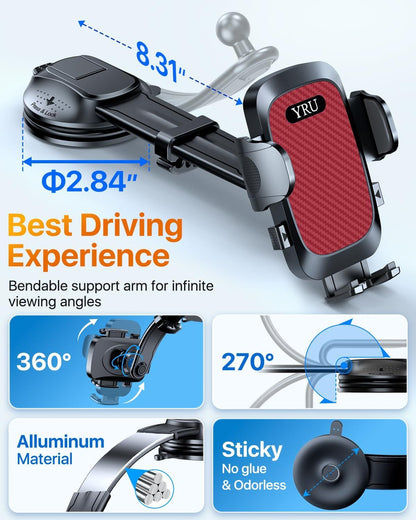 2026 Ultimate Car Phone Holder Mount Bendable & Adjustable Aluminum Arm Cell Phone Holder for Car Dashboard Windshield Phone Stand for iPhone 17 16 15 14 Pro Max Samsung Pickup Truck