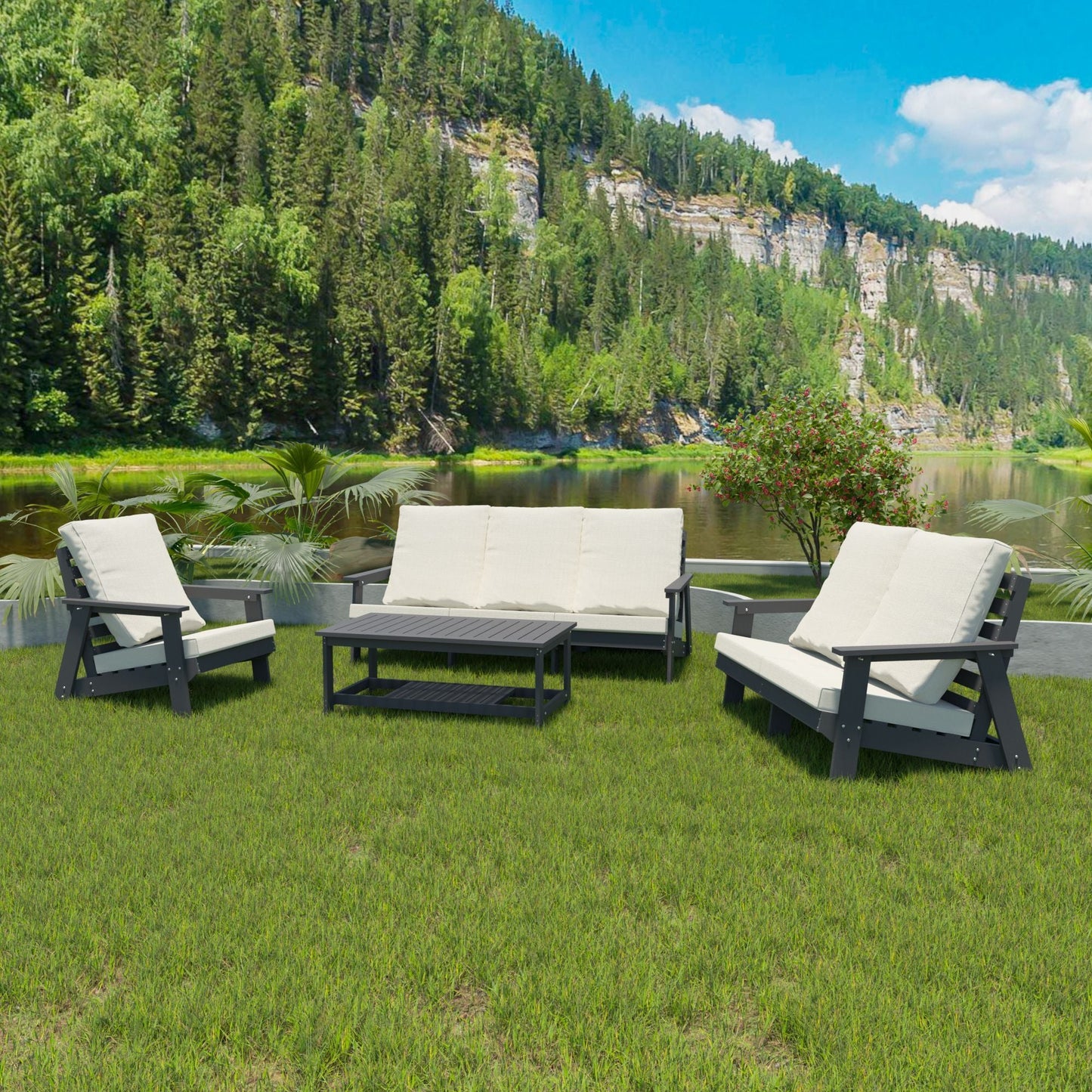 HIPS Loveseat with Cushion, Wood Grain Outdoor Garden Sofa, Sofa Set for Porch, Poolside, Terrace, and Yard Grey/Beige