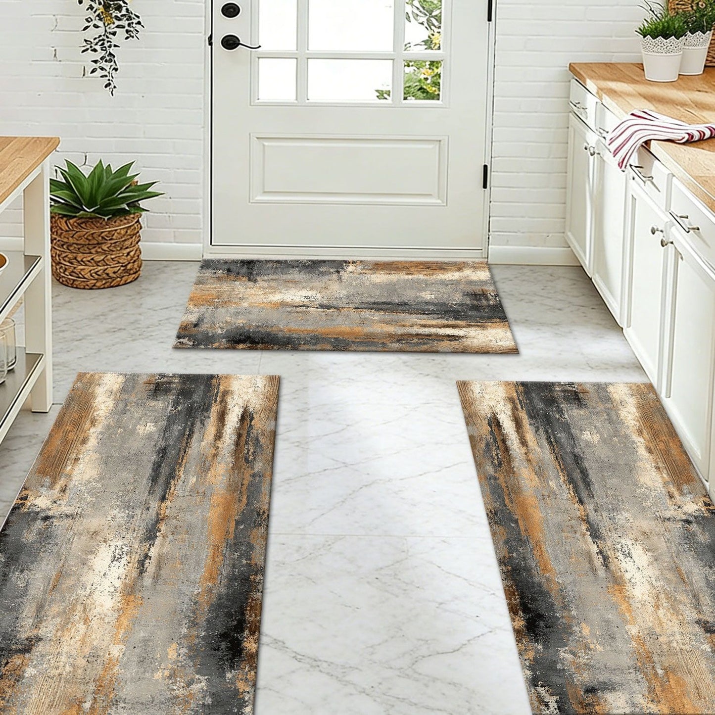 Three-piece kitchen rug set, non-slip and washable, abstract pattern kitchen hallway rug, soft and comfortable, suitable for sinks, floors, entrances, hallways and bathrooms.