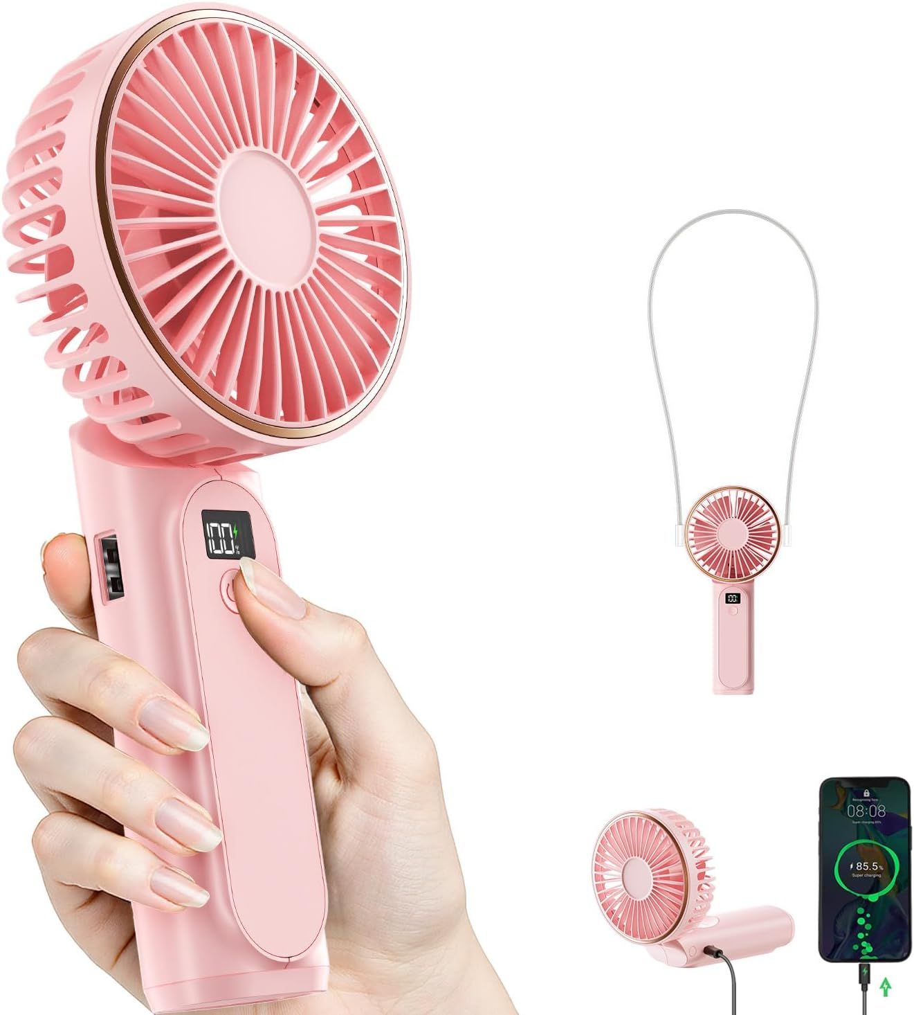 Portable Handheld Fan, Portable Fan Rechargeable, 4000mAh, 180° Adjustable, 6 Speed Wind, Display Electricity in Real Time, USB Rechargeable Foldable F an, Quiet Personal Fan as Power Bank