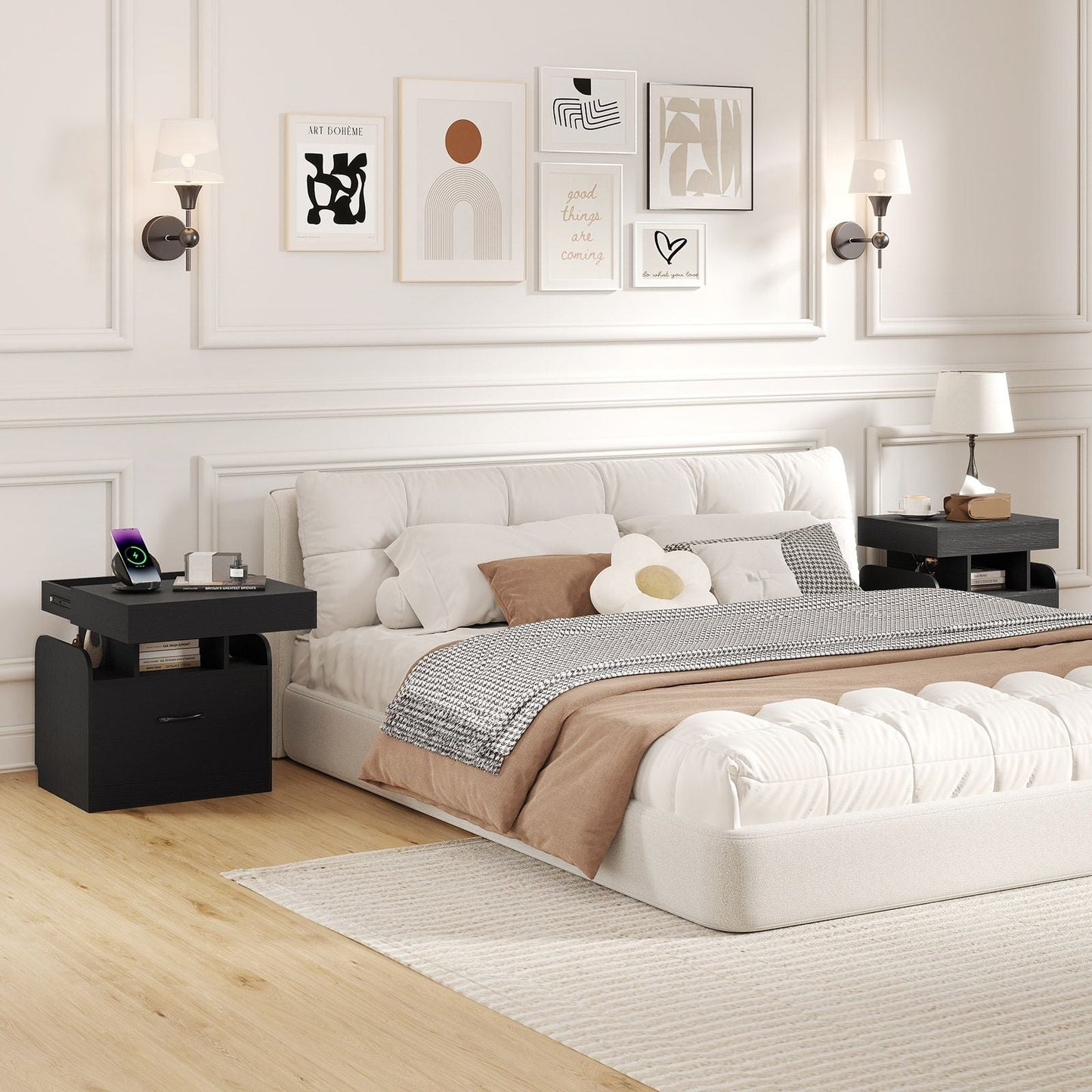 Nightstand with Charging Station Modern Bedside Table for Living Room Bedroom Office