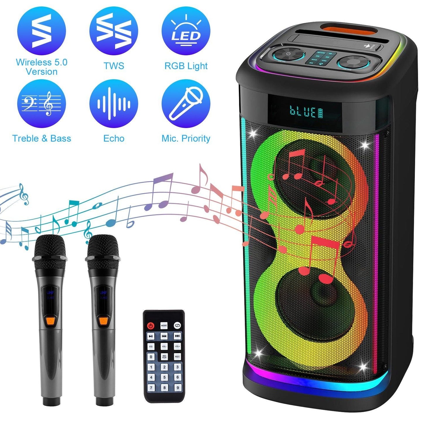 Portable Wireless Party Speaker with LED Light Wireless Mic Remote Control TWS Treble Bass Mic. Echo Music Accompany Mic. Priority Guitar In
