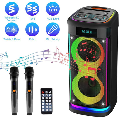 Portable Wireless Party Speaker with LED Light Wireless Mic Remote Control TWS Treble Bass Mic. Echo Music Accompany Mic. Priority Guitar In