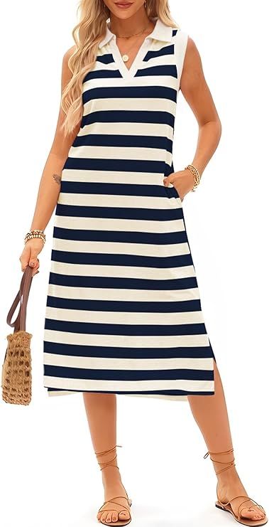 Blue Striped V Neck Summer Midi Dress with Pockets for Women - Casual Loose Fit 2025 Collection