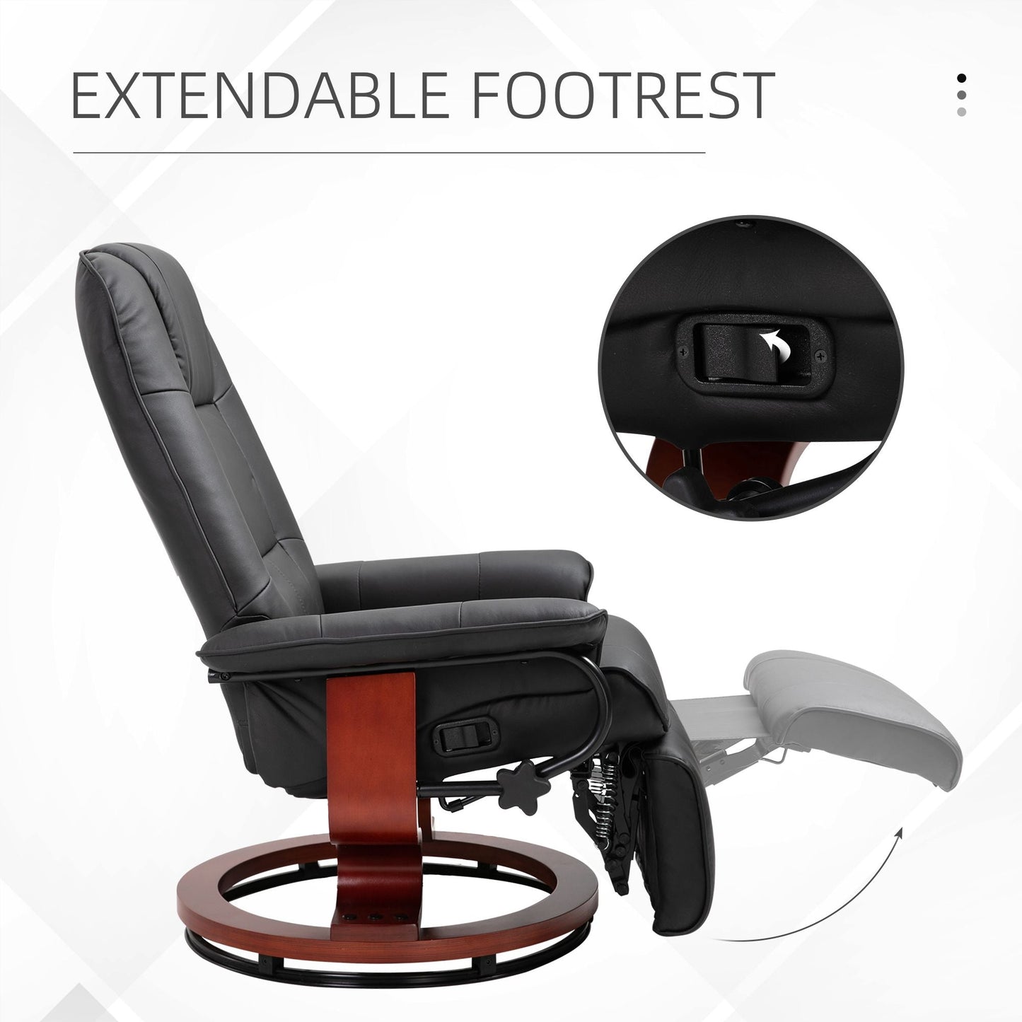 Living Room Relaxation: Black Faux Leather Swivel Recliner with Adjustable Footrest