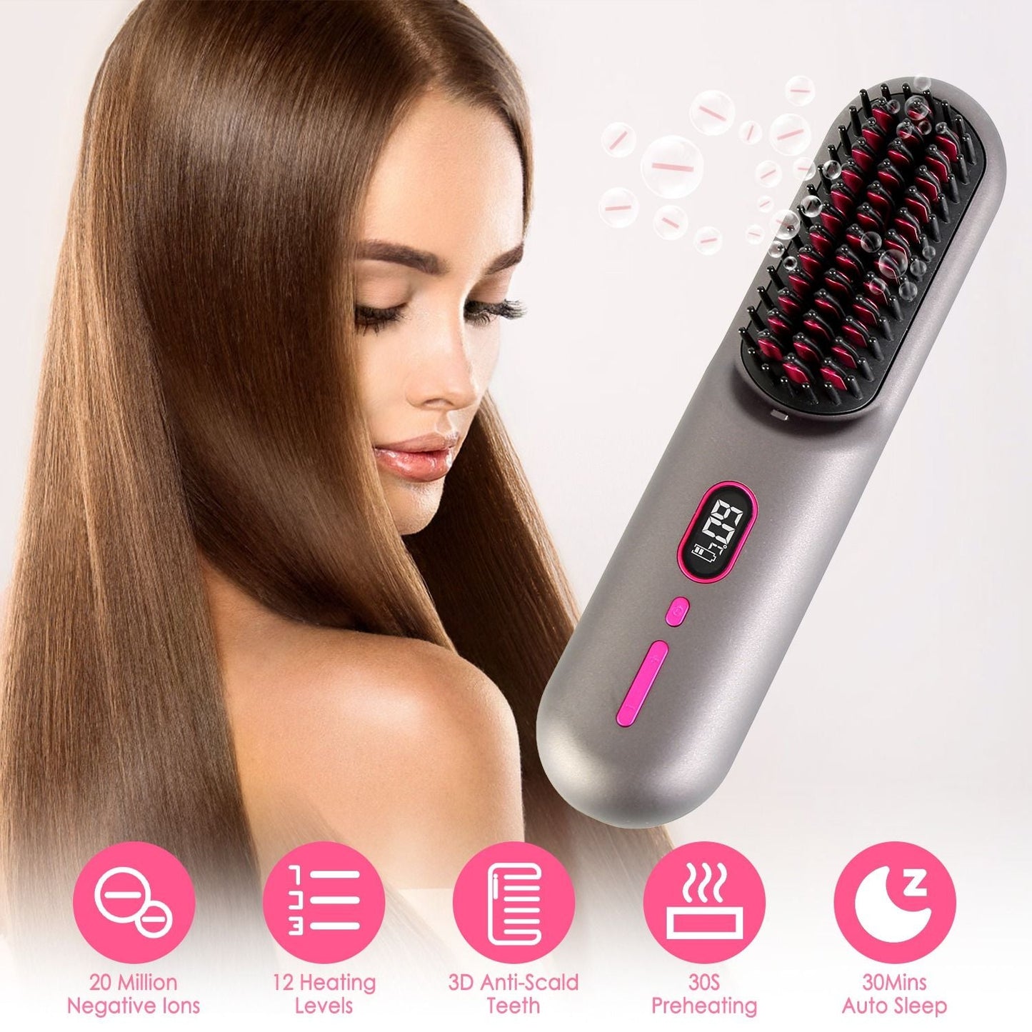 Cordless Negative Ion Hair Straightener Brush Rechargeable Mini Styling Comb with 12 Heating Levels Anti-scald 30S Preheating 30Mins Auto Sleep LCD Display