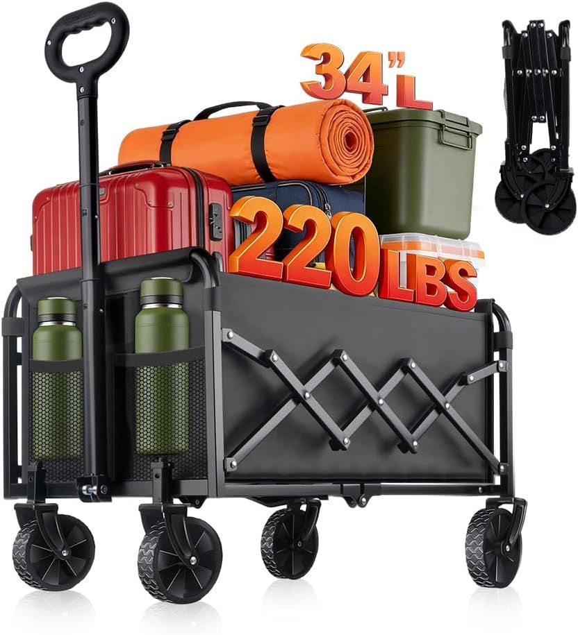 Collapsible Foldable Wagon Cart with Wheels - 220LBS Heavy Duty Folding Wagon Carts, Portable Lightweight Utility Wagon with All-Terrain Wheels & 2 Cup Holders, Grocery/Beach/Sports/Shopping/Black