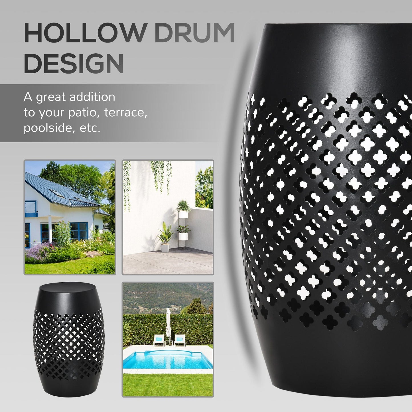 12.5" Steel Outdoor Side Table, Round Hollow Drum Patio End Table, Accent Table for Indoor and Outdoor, Black