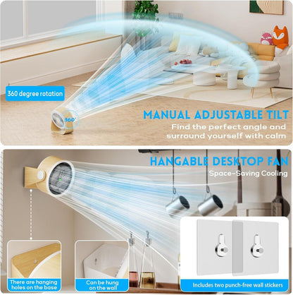Small Desk Fan 5000mAh Rechargeable Battery Powered -Retro Low Noise Quiet Portable Gentle Blowing with LED Night Light Office Bedroom Table Top Wall Hanging Kitchen Camping Dorm 5-Speed 360° Rotation