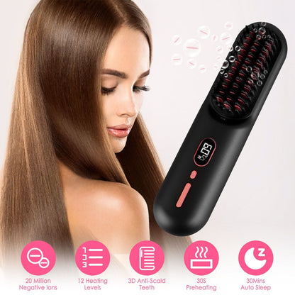 Cordless Negative Ion Hair Straightener Brush Rechargeable Mini Styling Comb with 12 Heating Levels Anti-scald 30S Preheating 30Mins Auto Sleep LCD Display
