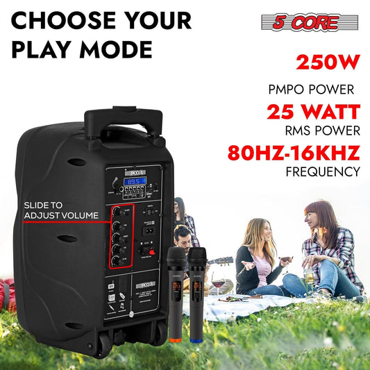 5 Core Party Speaker Bluetooth 250W Big Monster Powered Rechargeable Outdoor PA DJ System w Disco Lights 2 Wireless Karaoke Mics Portable Rolling Speakers w Handle Black - ACTIVE HOME 8 2-MIC