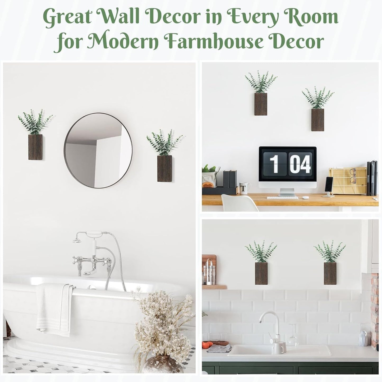 2 Pack Wood Wall Planter Vase with Artificial Eucalyptus Farmhouse Wall Hanging Decor Pocket Planter for Indoor Fake Plants Greenery, Living Room Bedroom Kitchen Home Office Decoration