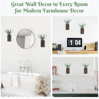 2 Pack Wood Wall Planter Vase with Artificial Eucalyptus Farmhouse Wall Hanging Decor Pocket Planter for Indoor Fake Plants Greenery, Living Room Bedroom Kitchen Home Office Decoration