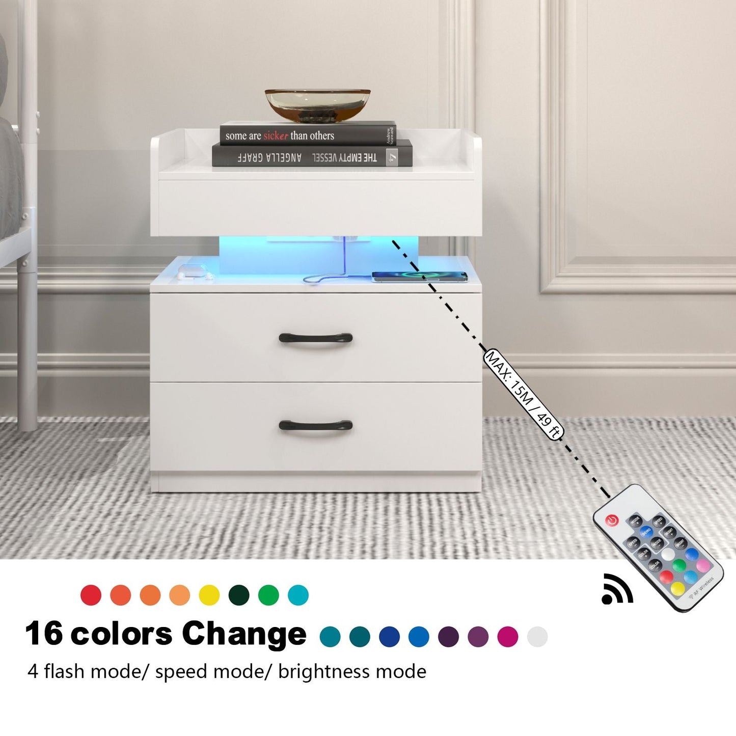 2 Set Nightstand with Adjustable LED Strip Light, 2-drawers, Large Storage Space, Suitable for Bedside Table, Coffee Table, Sofa Side Table or End Table for Study Desk