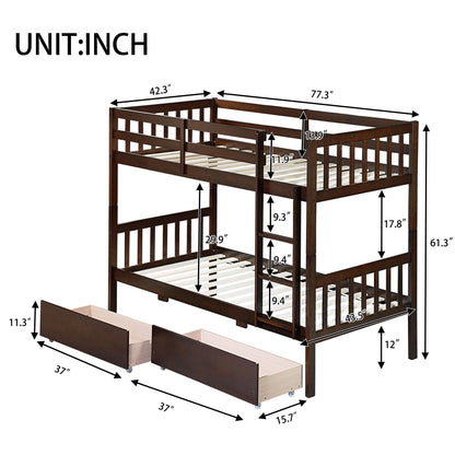 Twin Over Twin Rubber Wood Bunk Bed with 2 Drawers, Convertible into 2 Twin Beds, Twin Size Bunk Bed with Ladder and Safety Guardrails