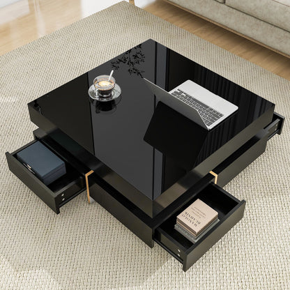Sleek Black High Gloss Modern Coffee Table with 4 Drawers for Organized Living Rooms, Square Design with Wood Grain Legs, Ideal Cocktail Table 31.5''x31.5''