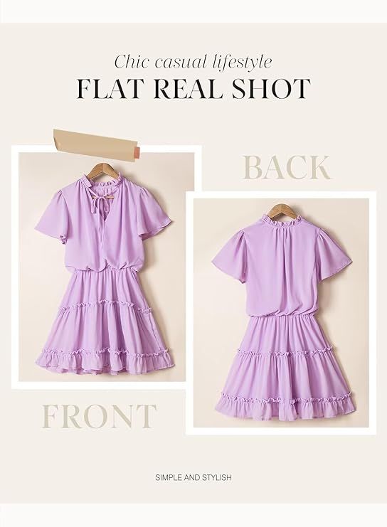 Womens Purple XL Short Sleeve Ruffle V Neck Chiffon Dress Flowy A Line Mini Summer Casual Elegant Lightweight