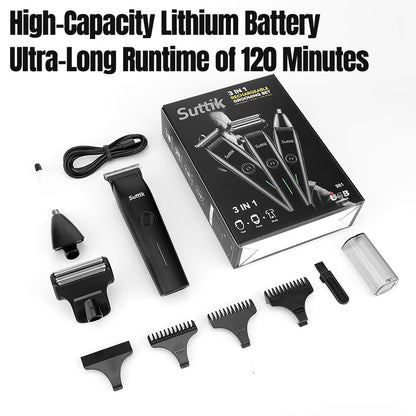 Beard Trimmer, 3 in 1 Hair Clippers and Mens Grooming Kit, Face, Nose, Ear Hair Trimmer - Black