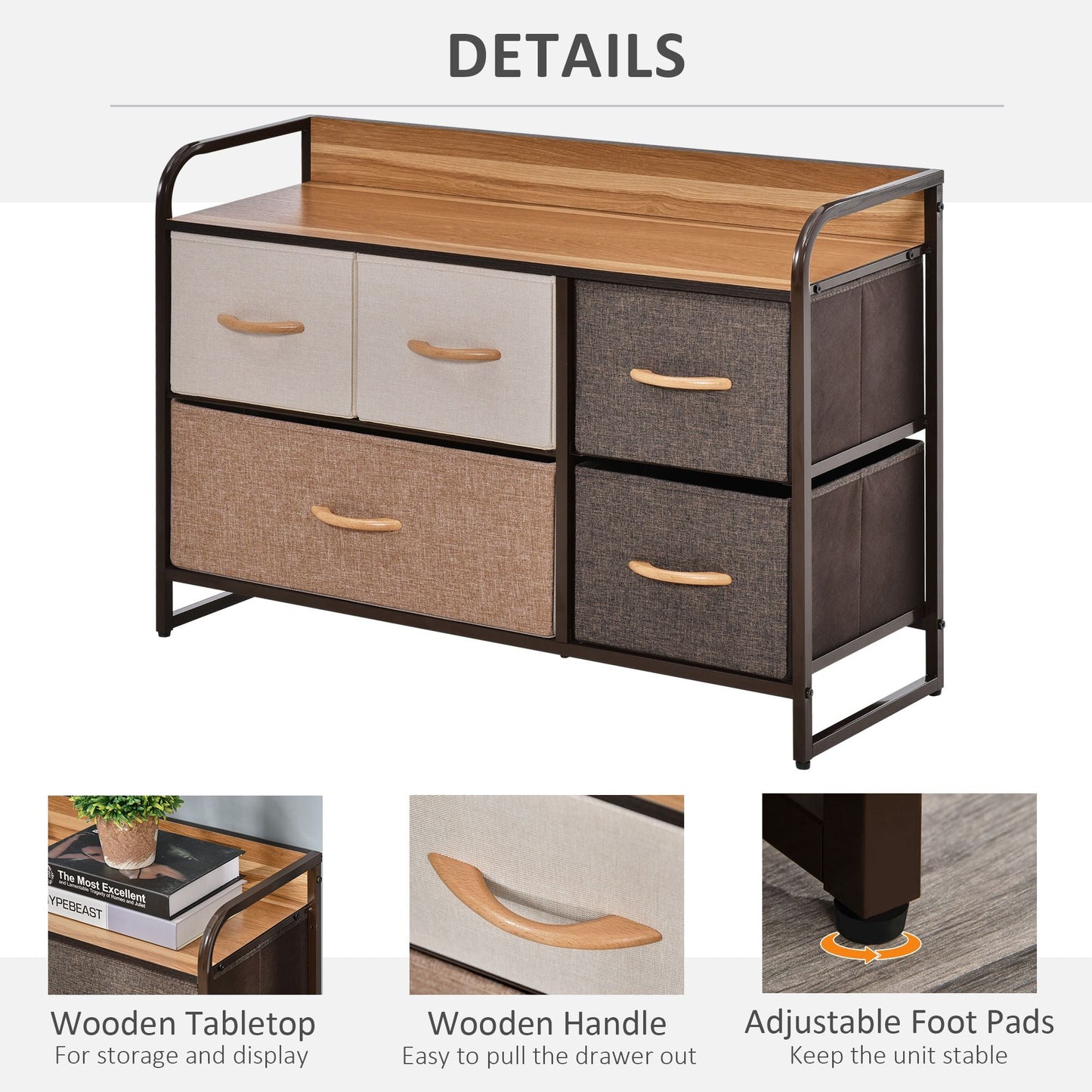 5-Bin Dresser Storage Tower Cabinet Organizer Unit, Chest Dresser Drawers with Metal Frame for Bedroom, Multicoloured